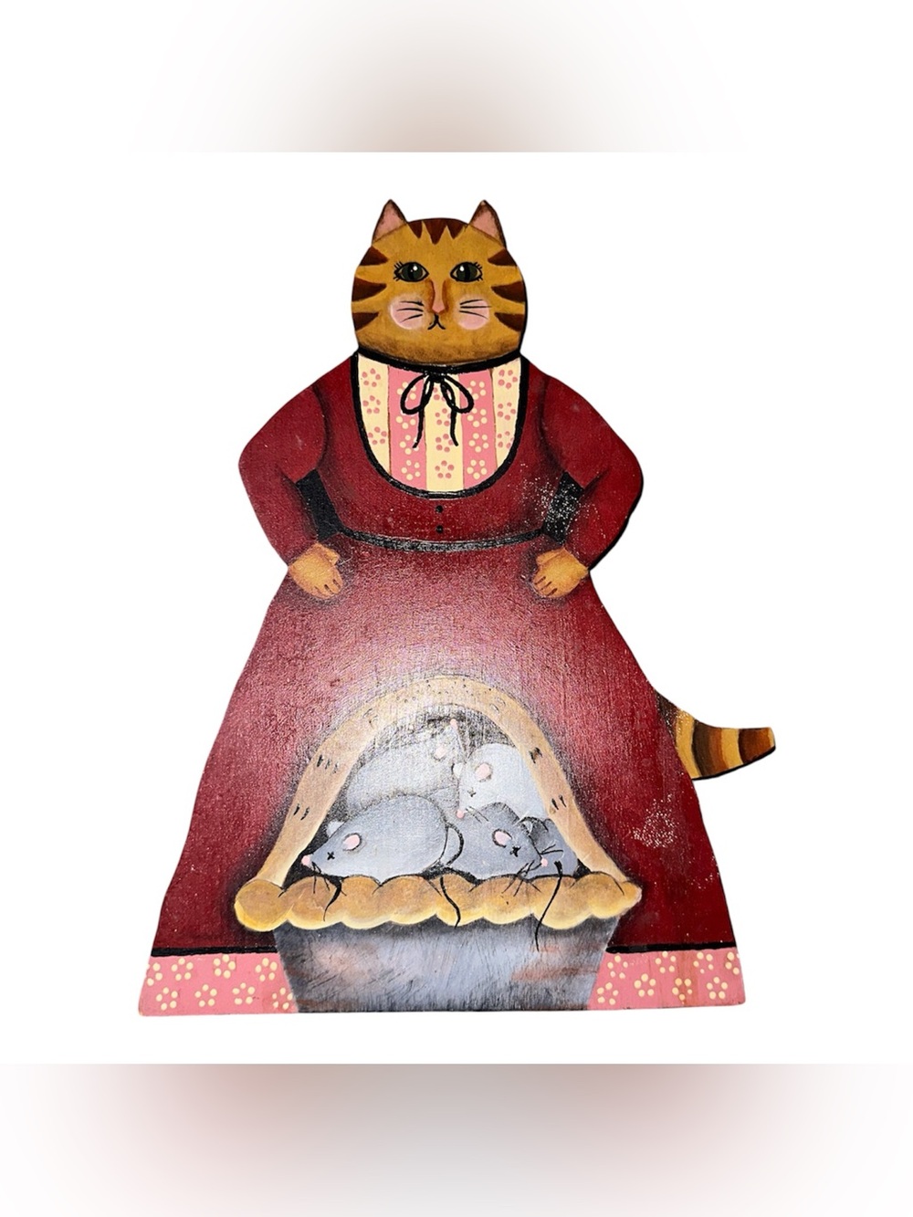 Vintage Folk Art Wooden Momma Cat Hand Painted Wall Decor 11" Kitschy Humorous